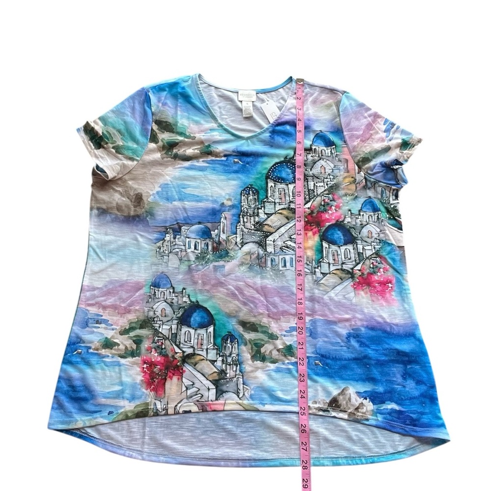 Chico’s Santorini High/Low V-neck Short Sleeve Watercolor Top - Size 3 (US 16) - Picture 7 of 9